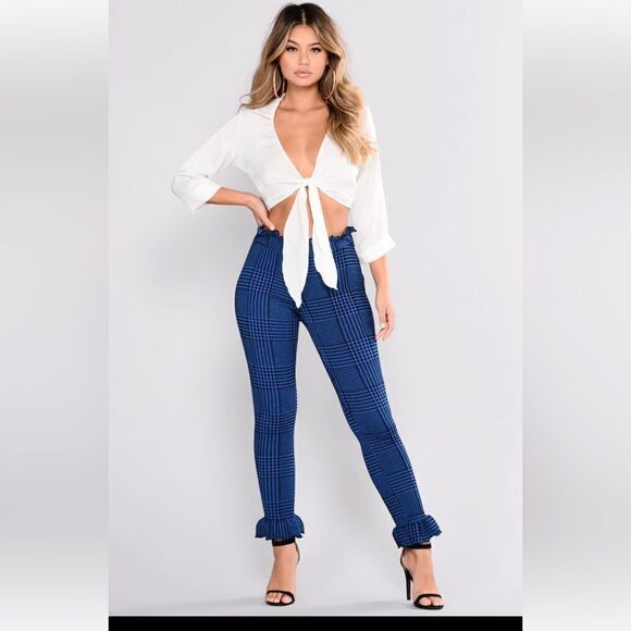 Fashion Nova Double Check Ruffle Pants Black/Blue Size Large - Picture 1 of 11